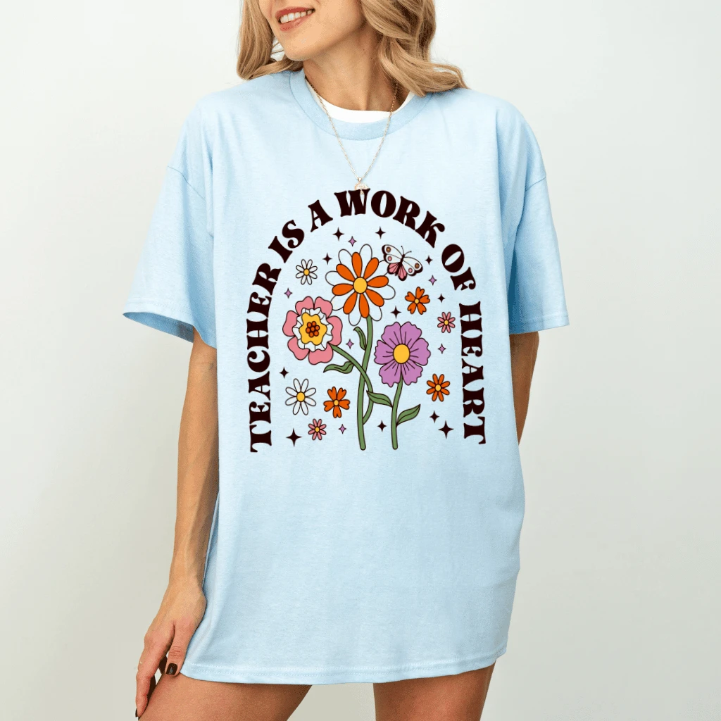 Teacher Is A Work Of Heart Funny Floral Teacher Life T-Shirt for women| Cute Gift for Back To School - detail view