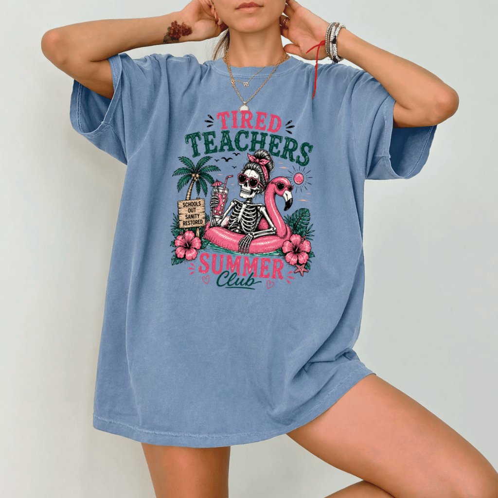 Tired Teachers Summer Club Funny Skeleton Comfort Colors Teacher Shirt| Summer Break Teacher Gift for Her - detail view