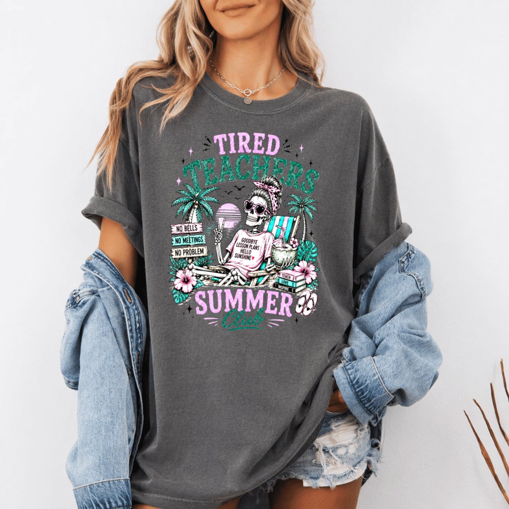 Comfort Colors Tired Teachers Summer Club Shirt| Funny Retro Teacher Summer Vacation Shirt Schools Out - detail view