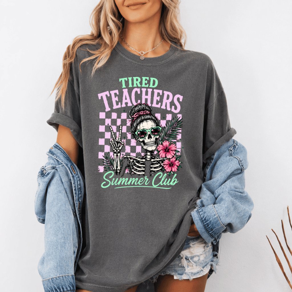 Comfort Colors Tired Teachers Summer Club Shirt| Beach Relaxation Last Day School Shirt for women - detail view