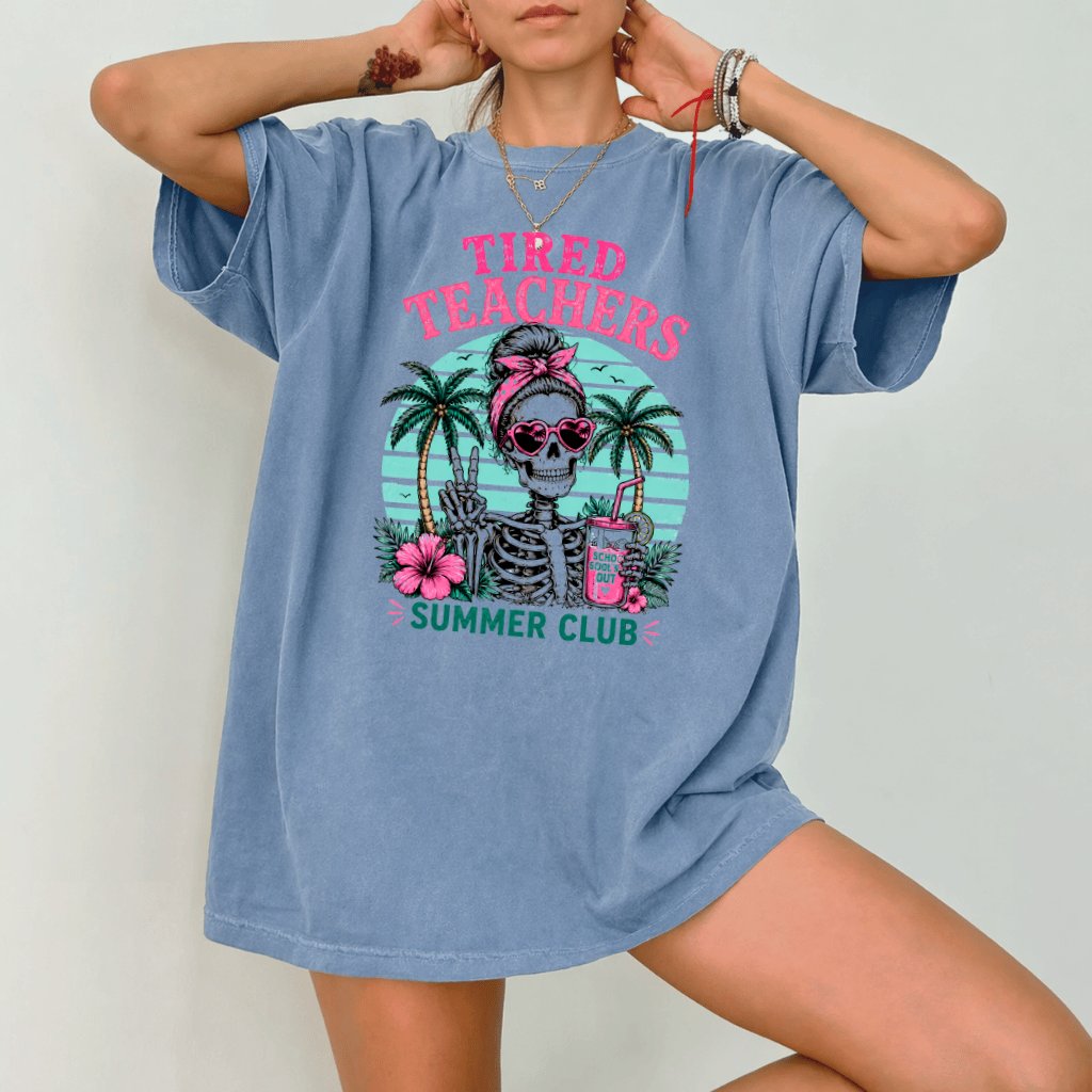 Comfort Colors Tired Teachers Summer Club Shirt| Funny Skeleton Teacher Gift for Her - detail view