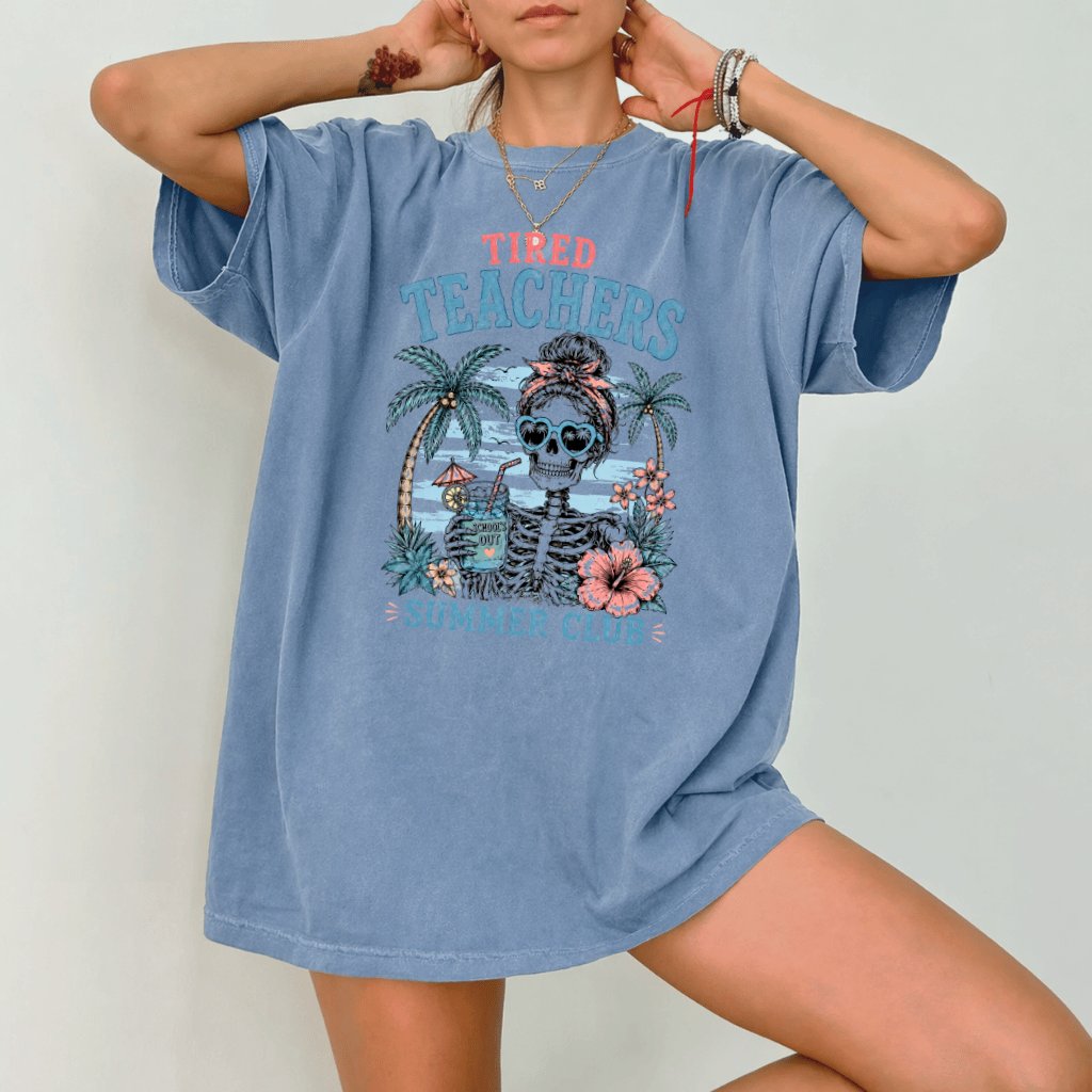 Comfort Colors Retro Tired Teachers Summer Club Funny Skeleton Teacher Shirt| Beach Teacher Gift for Her - detail view