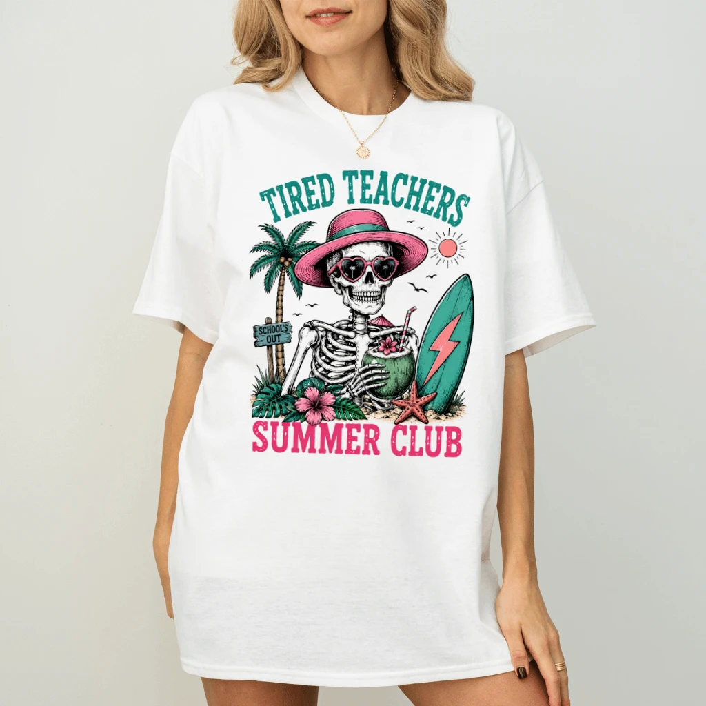 Vintage Tired Teachers Summer Club T-shirt| Skeleton Beach Teacher Gift for women - back view