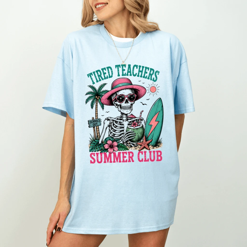 Vintage Tired Teachers Summer Club T-shirt| Skeleton Beach Teacher Gift for women - detail view