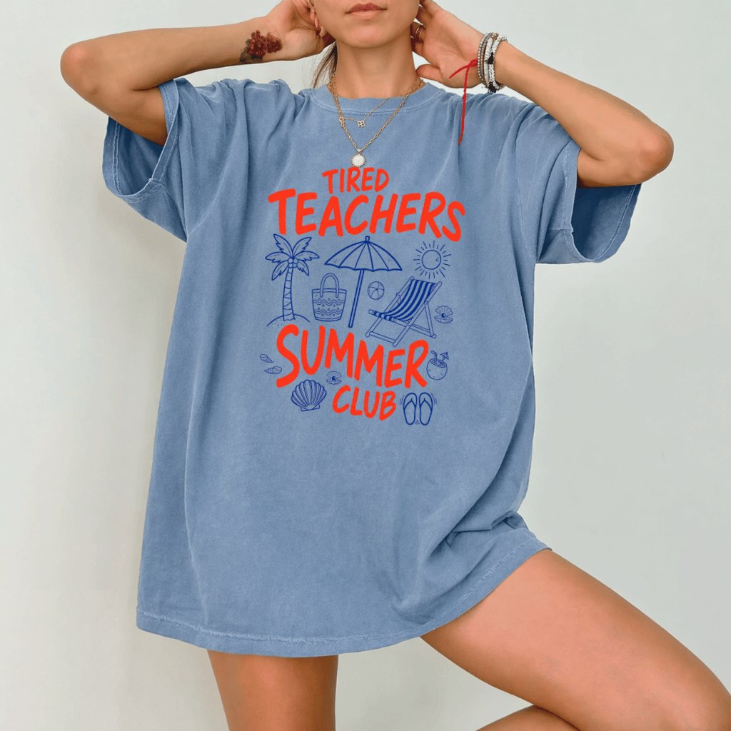 Comfort Colors Funny Beach Teacher Shirt| Tired Teachers Summer Club Gift for Her - detail view