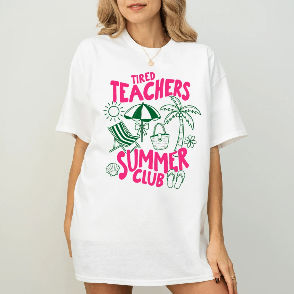 Tired Teachers Summer Club T-shirt| Summer Beach Vacation Gift for Teachers - back view