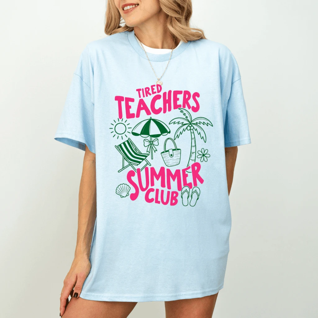 Tired Teachers Summer Club T-shirt| Summer Beach Vacation Gift for Teachers - detail view