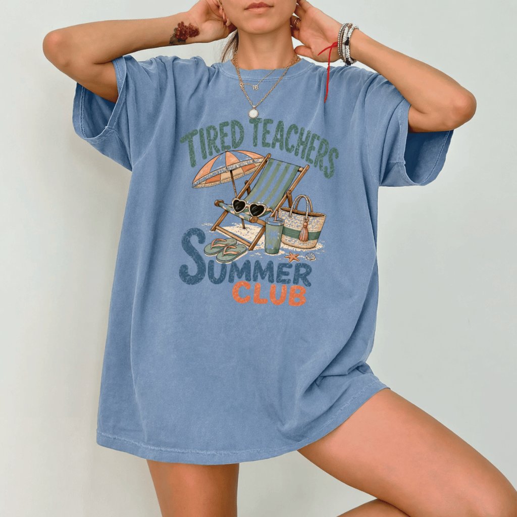 Comfort Colors Retro Tired Teachers Summer Club Shirt| Funny Summer Teacher Gift for women - detail view