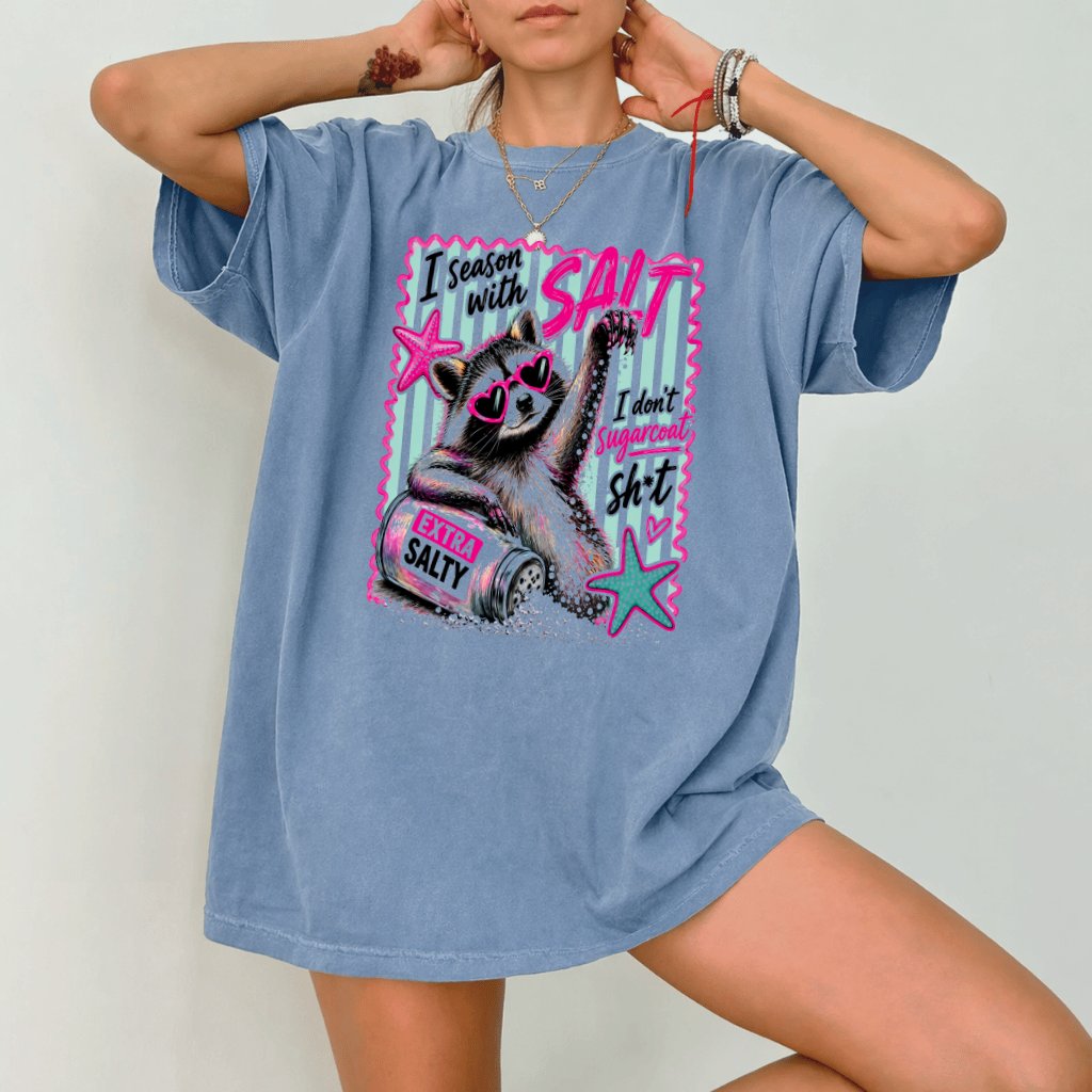 Comfort Colors I Season with Salt Funny Raccoon Shirt| Summer Vibes Gift for Raccoon Lover - detail view