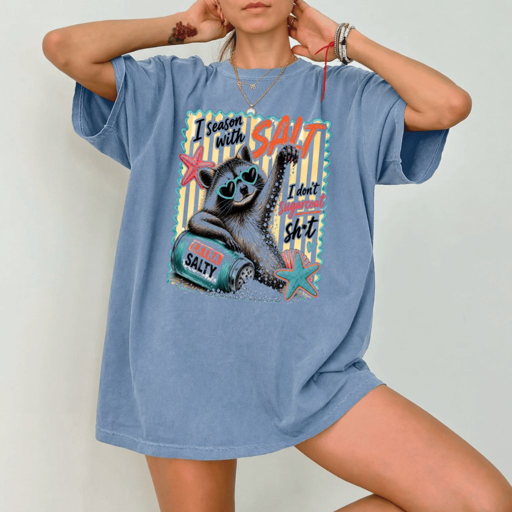 Comfort Colors Extra Salty Raccoon Shirt| I Season with Salt Funny Raccoon Gift for women - detail view