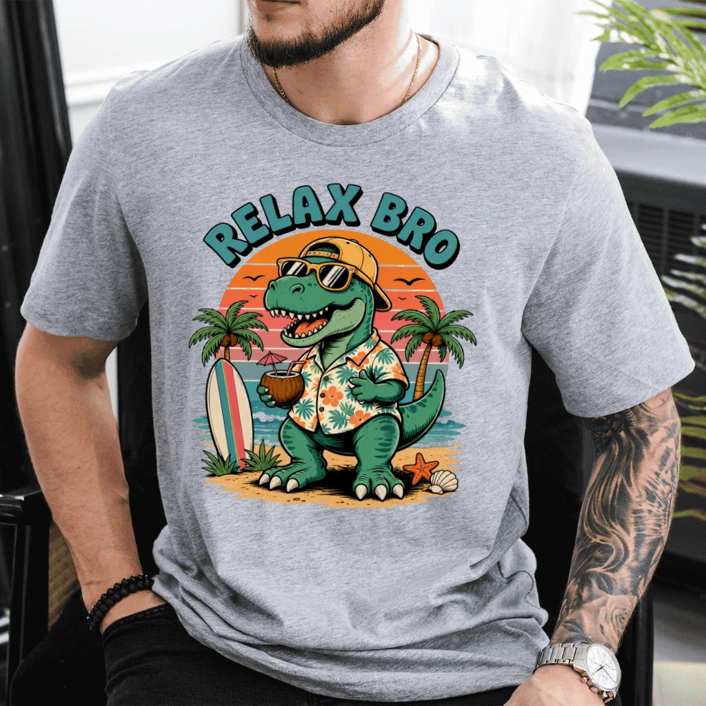 Relax Bro Funny Dinosaur T-shirt| Retro Summer Vibes Gift for Teachers & Students - back view