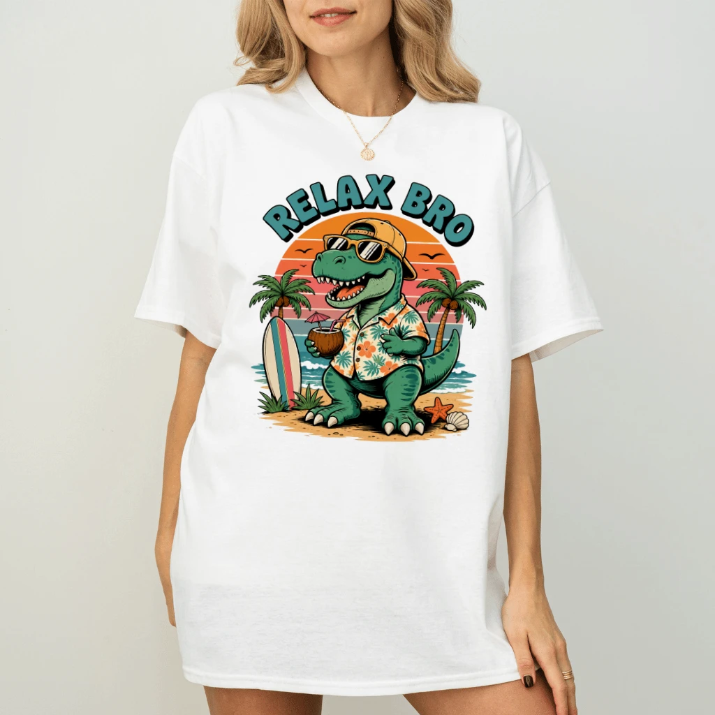 Relax Bro Funny Dinosaur T-shirt| Retro Summer Vibes Gift for Teachers & Students - detail view