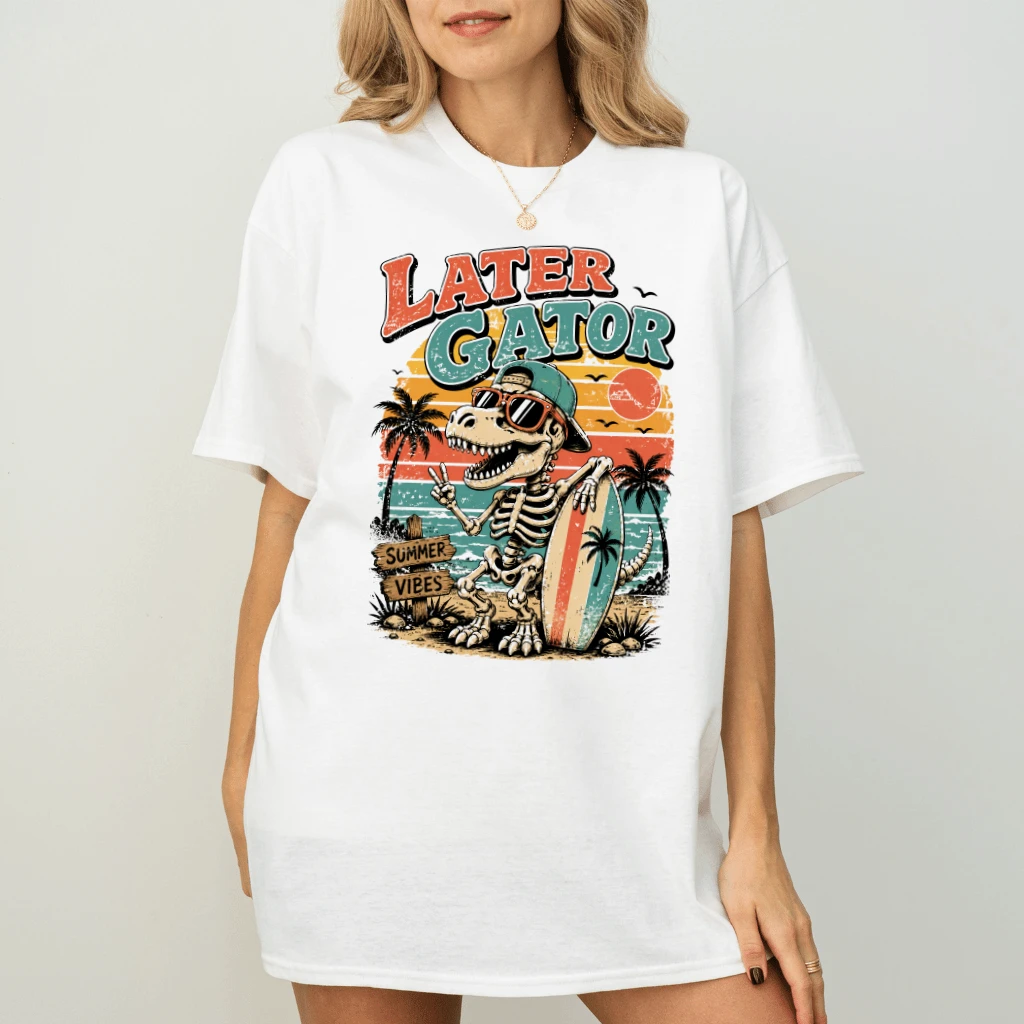 Retro Sunset Summer Later Gator T-shirt| Funny Alligator Teacher Gift for Him & Her - detail view