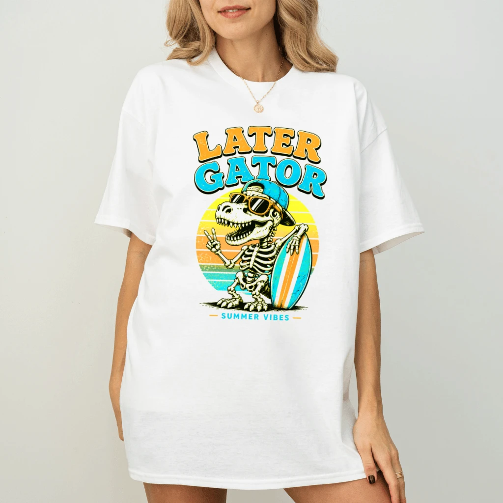 Retro Sunset Vibes Later Gator T-shirt| Funny Summer Vibes Gator Gift for Him & Her - detail view