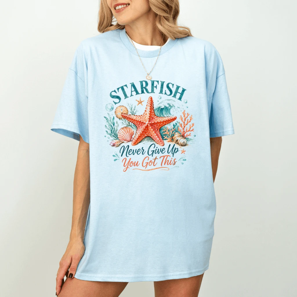 Starfish Never Give Up You Got This T-shirt| Coastal Beach Affirmation Shirt for women - detail view