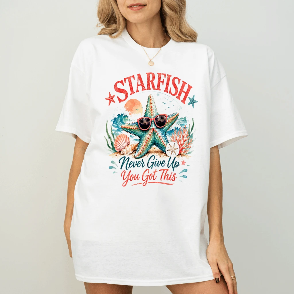 Watercolor Starfish Never Give Up Funny Starfish Quote Summer T-Shirt for women - back view