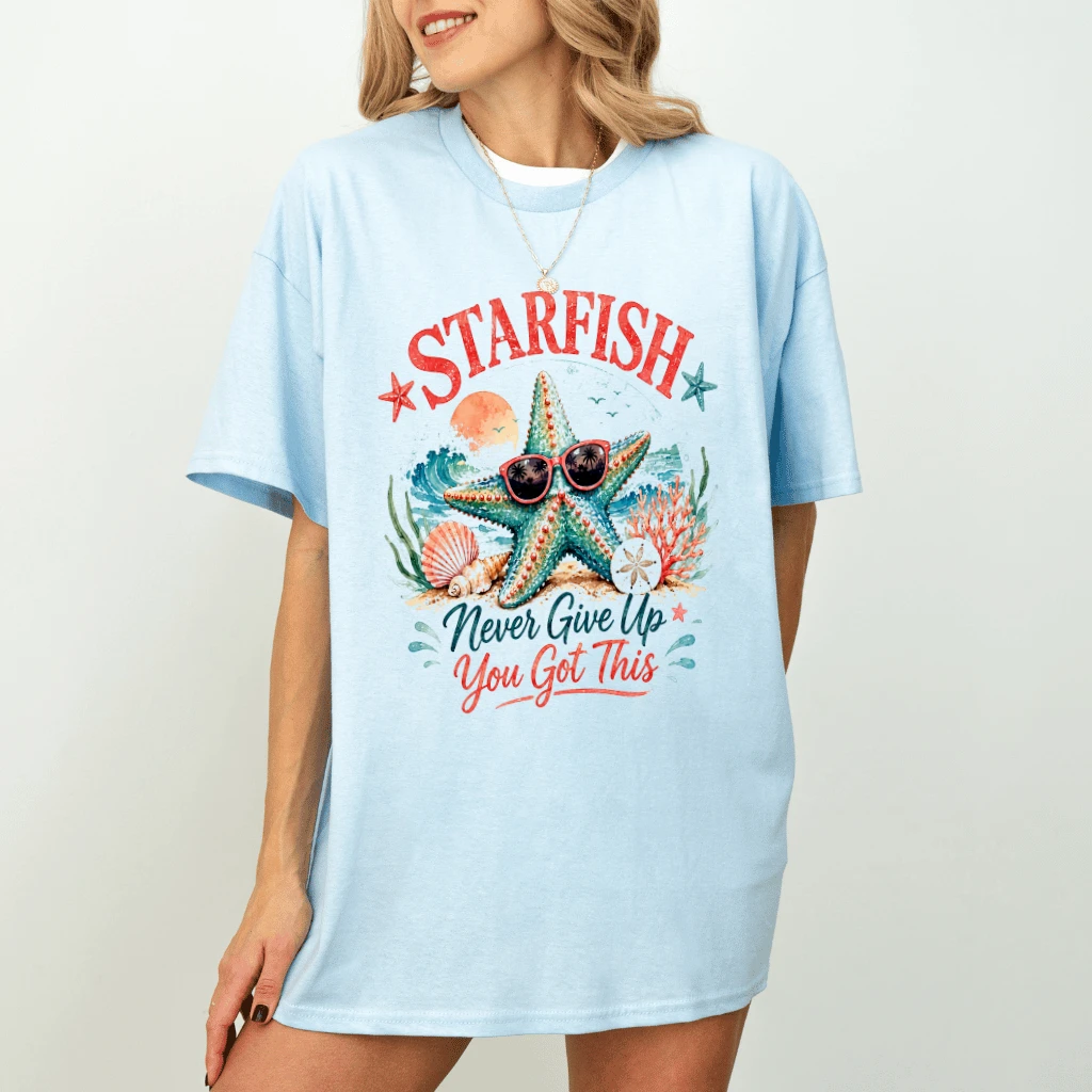 Watercolor Starfish Never Give Up Funny Starfish Quote Summer T-Shirt for women - detail view