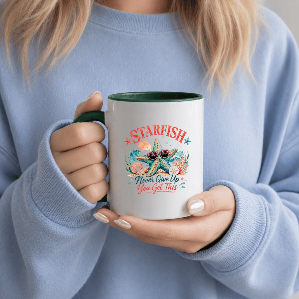 Watercolor Starfish Never Give Up Accent Mug| Funny Starfish Quote Summer Gift for women - back view