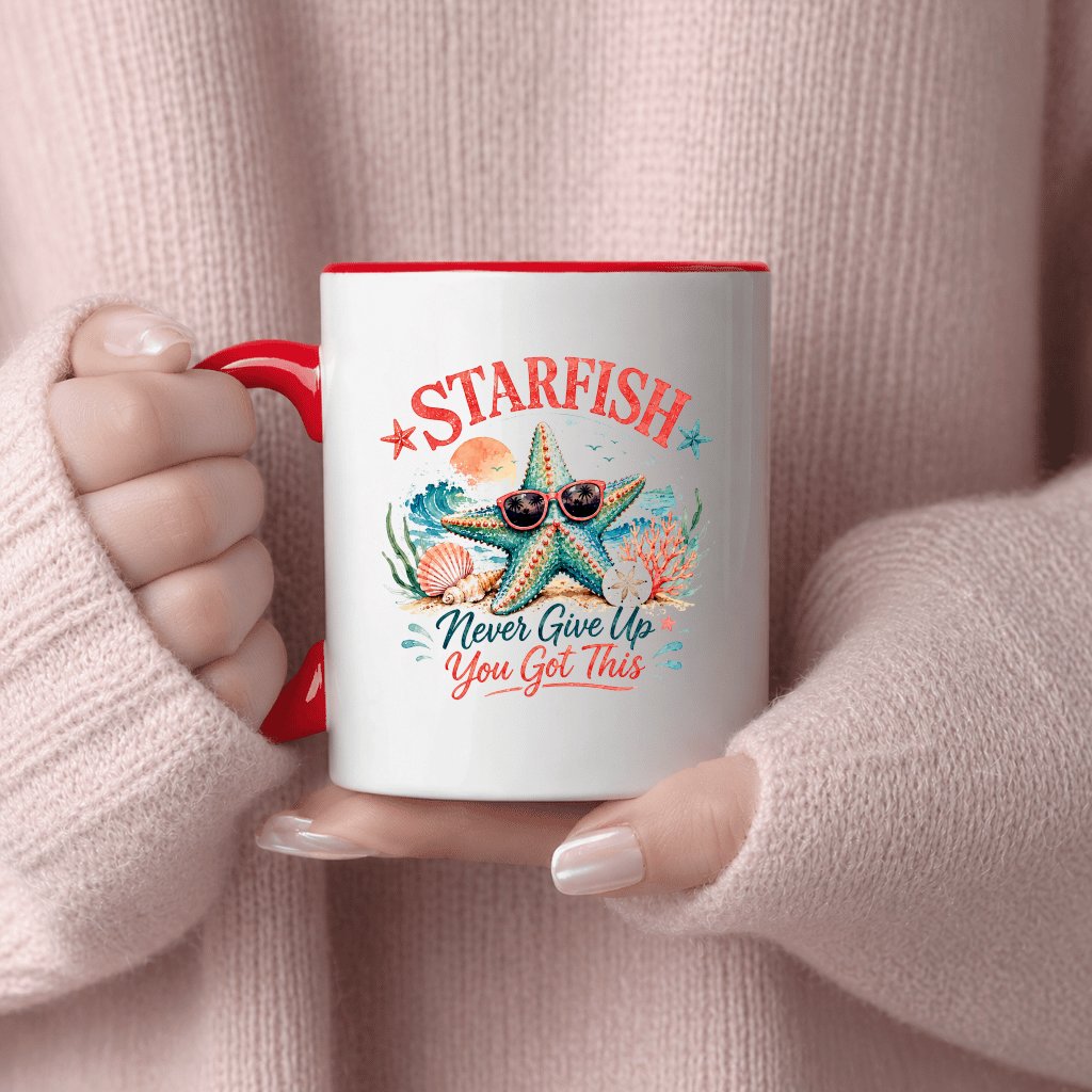Watercolor Starfish Never Give Up Accent Mug| Funny Starfish Quote Summer Gift for women - detail view