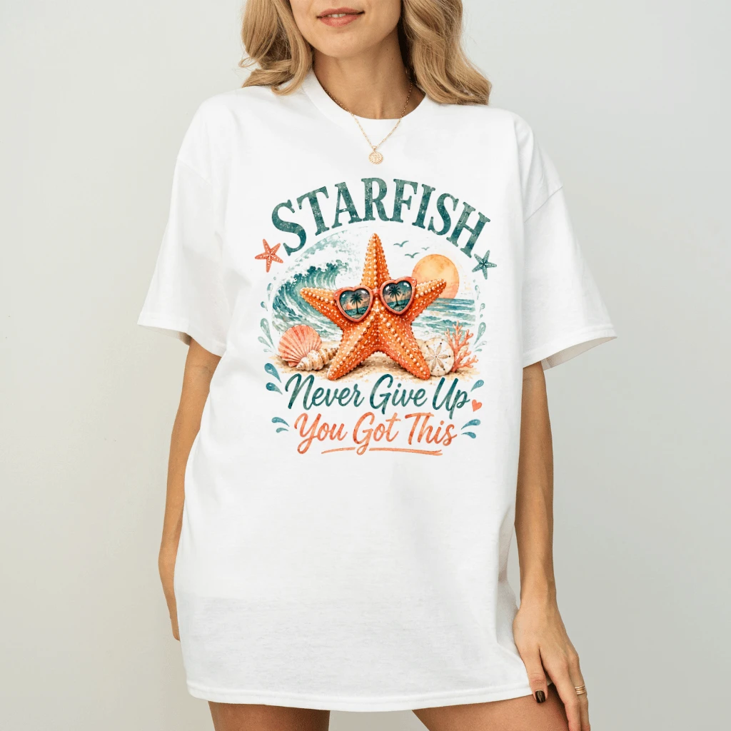 Vintage Starfish Never Give Up T-Shirt| Cute Coastal Beach Affirmation Sea Star Shirt for women - back view