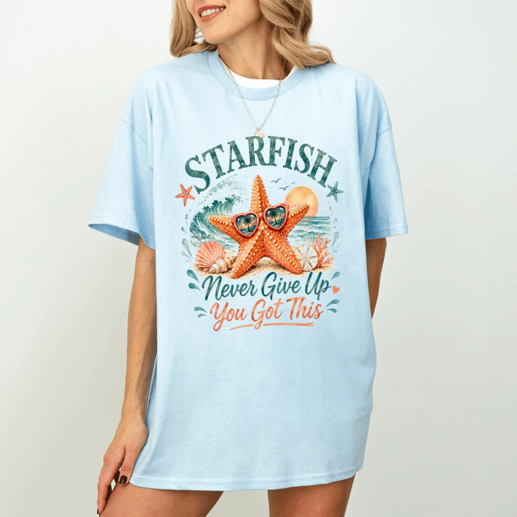 Vintage Starfish Never Give Up T-Shirt| Cute Coastal Beach Affirmation Sea Star Shirt for women - detail view