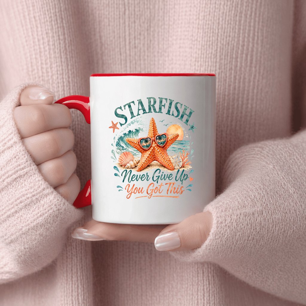 Starfish Never Give Up Funny Sea Star Accent Mug| Starfish Quote Summer Gift for women - detail view