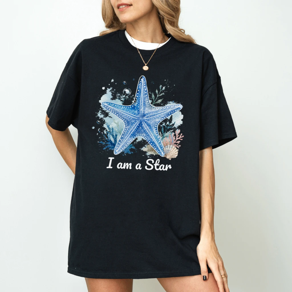 I Am A Star Beautiful Starfish T-shirt| Coastal Summer Vibes Gift for Beach Lovers - detail view