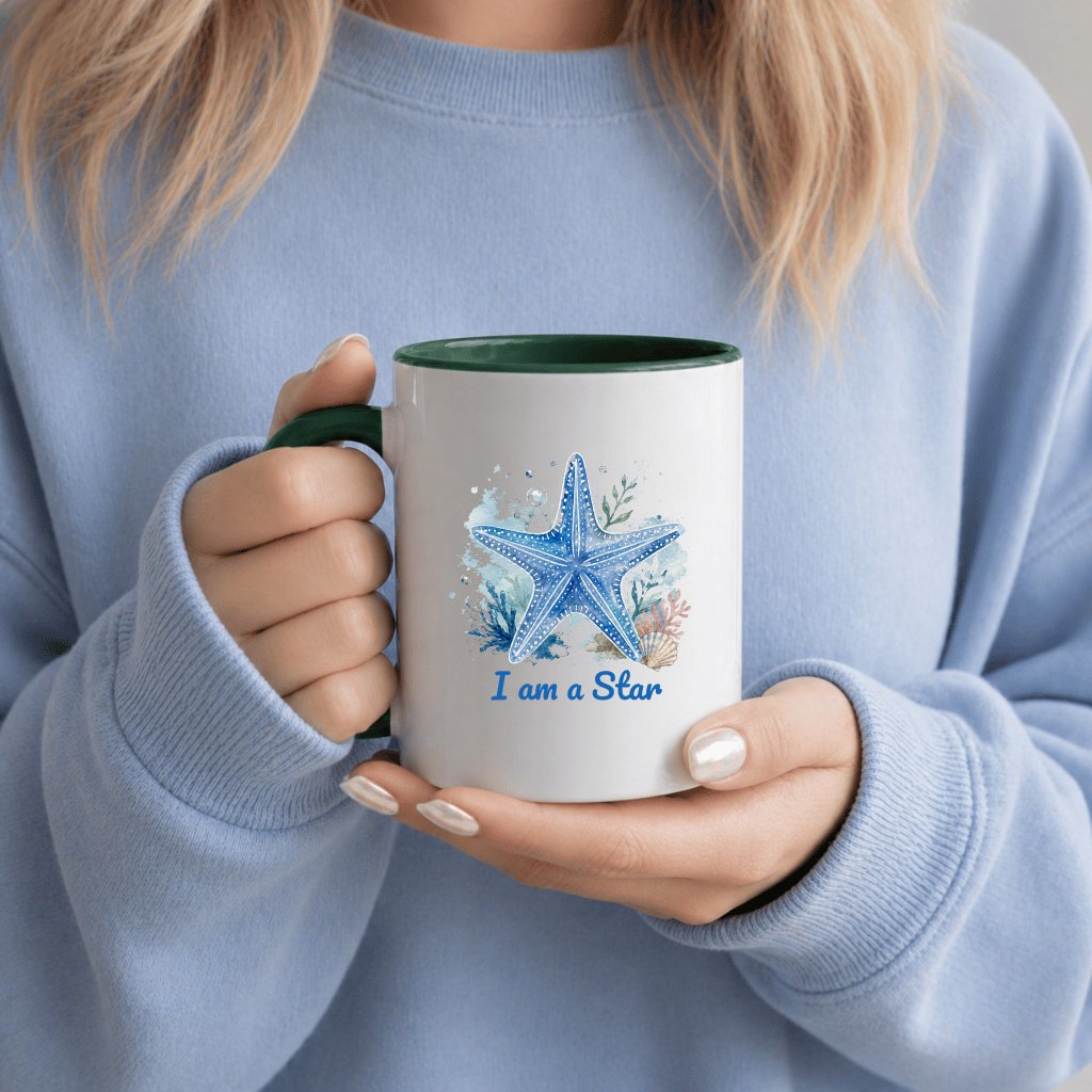 I Am A Star Watercolor Starfish Art Accent Mug| Coastal Summer Gift for Ocean Animals Lovers - back view