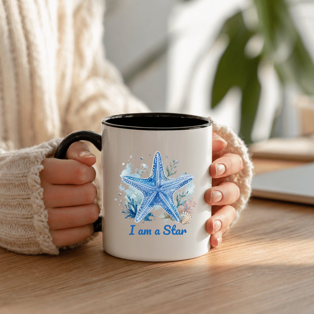 I Am A Star Watercolor Starfish Art Accent Mug| Coastal Summer Gift for Ocean Animals Lovers - detail view