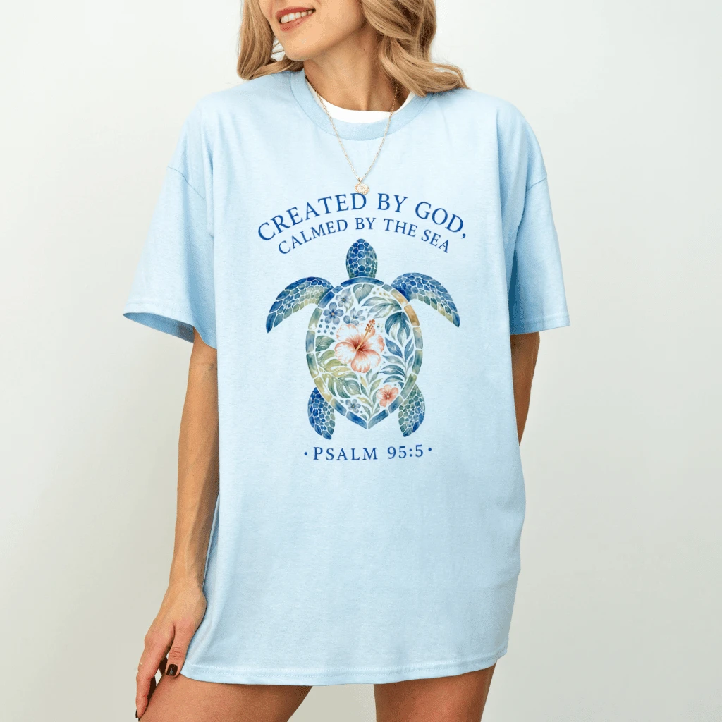 Created by God Calmed by Sea Psalm 95:5 Ocean Turtle T-shirt| Perfect Gift for Christians - detail view