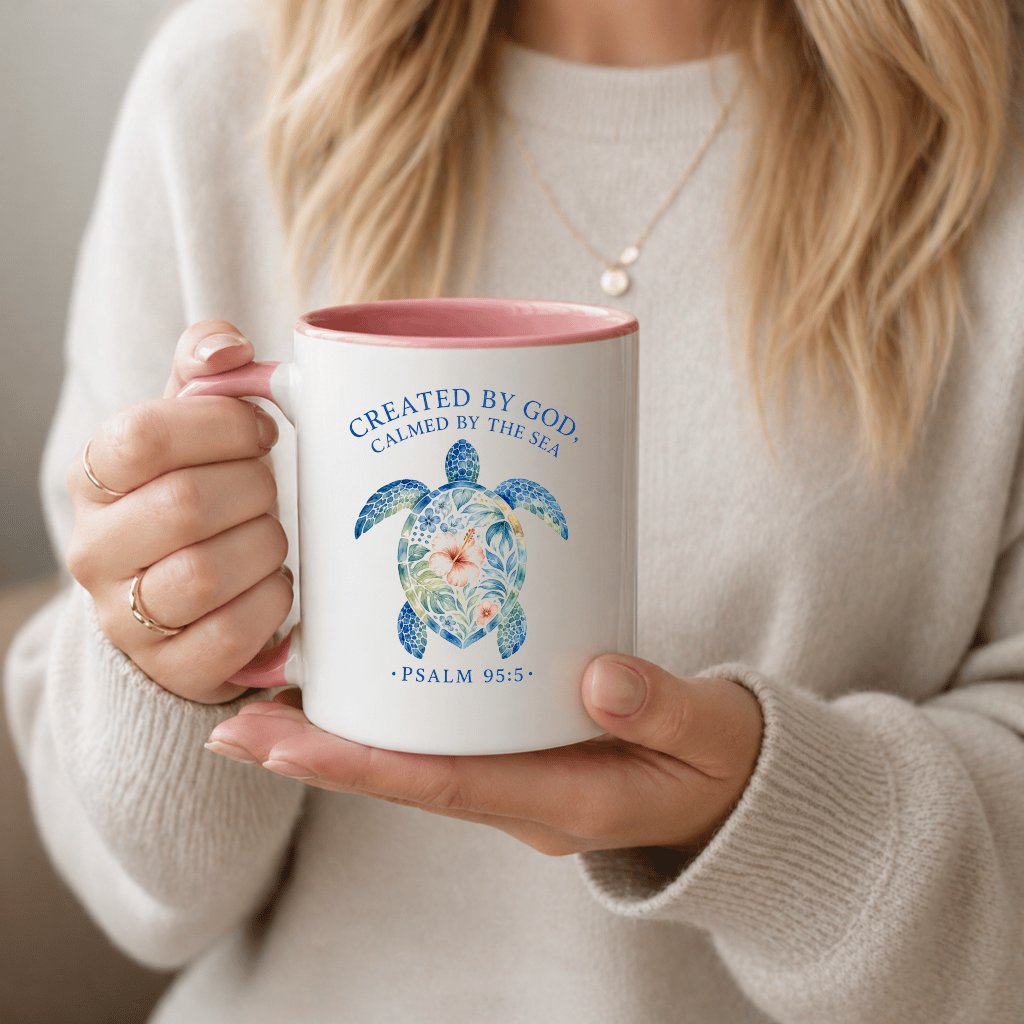 Created by God Calmed by Sea Ocean Turtle Accent Mug| Perfect Gift for Christians - back view