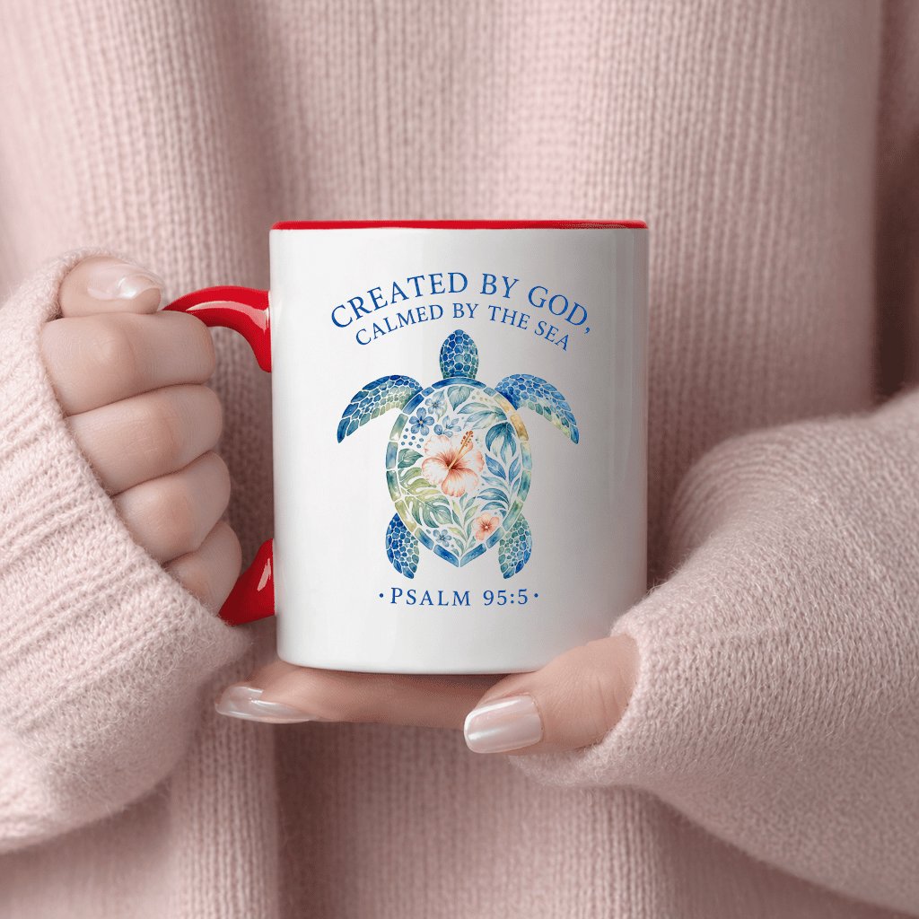 Created by God Calmed by Sea Ocean Turtle Accent Mug| Perfect Gift for Christians - detail view