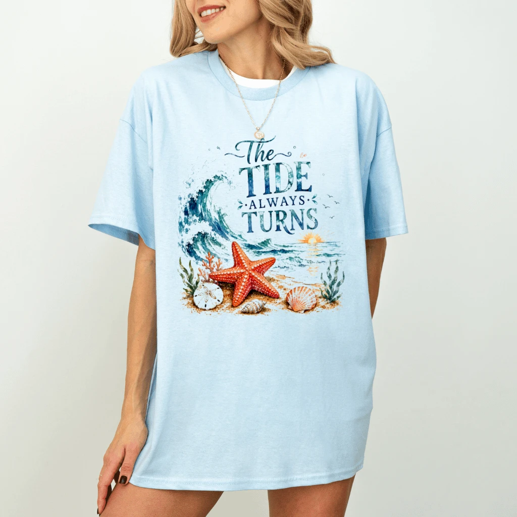 The Tide Always Turns Coastal Summer T-shirt| Watercolors Starfish Shirt for women - detail view