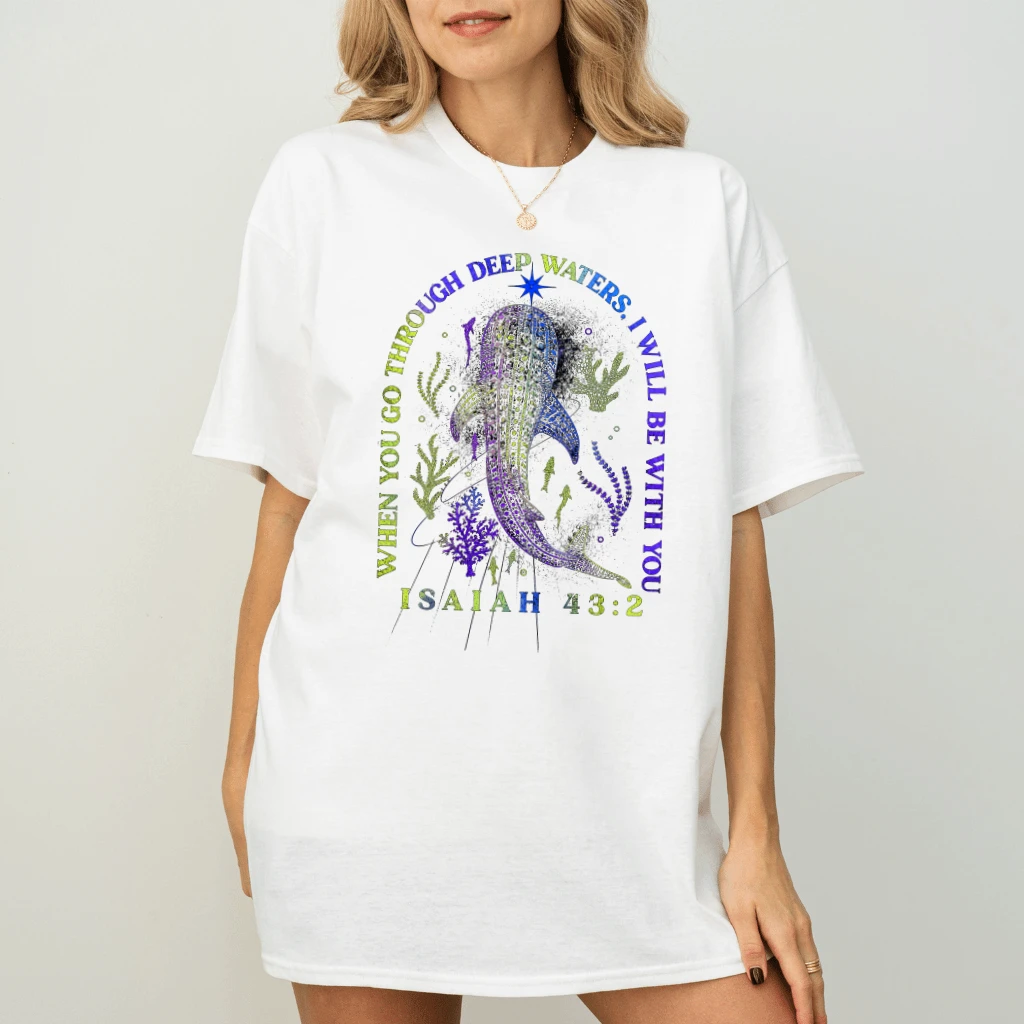 Neon Christian Whale Shark T-shirt| Isaiah 43:2 Bible Verse Gift for Christians - back view
