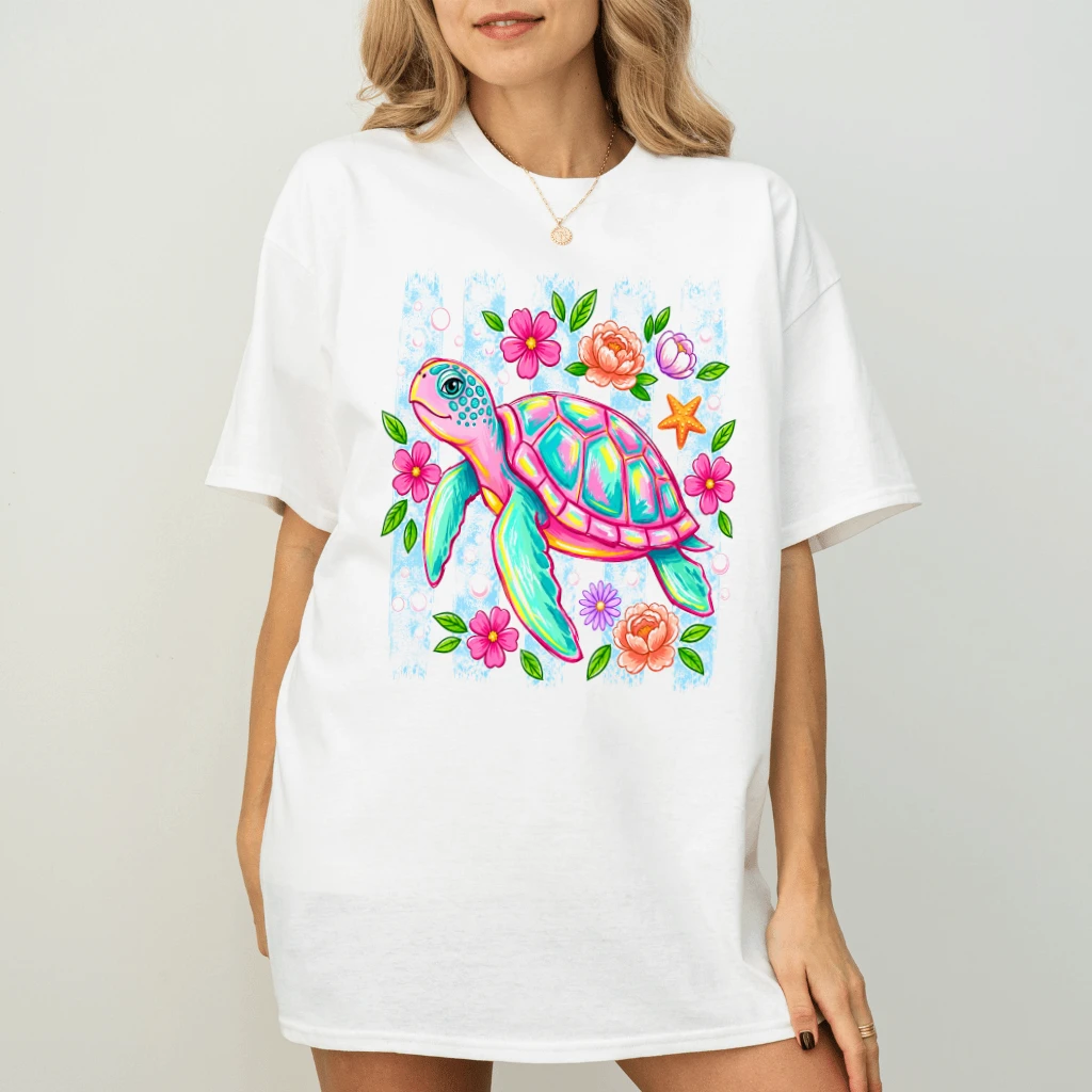 Preppy Sea Turtle T-shirt for women| Tropical Beach Summer Gift for Turtle Lovers - back view
