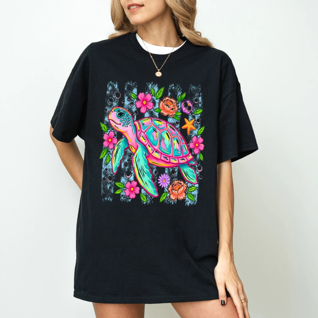 Preppy Sea Turtle T-shirt for women| Tropical Beach Summer Gift for Turtle Lovers - detail view