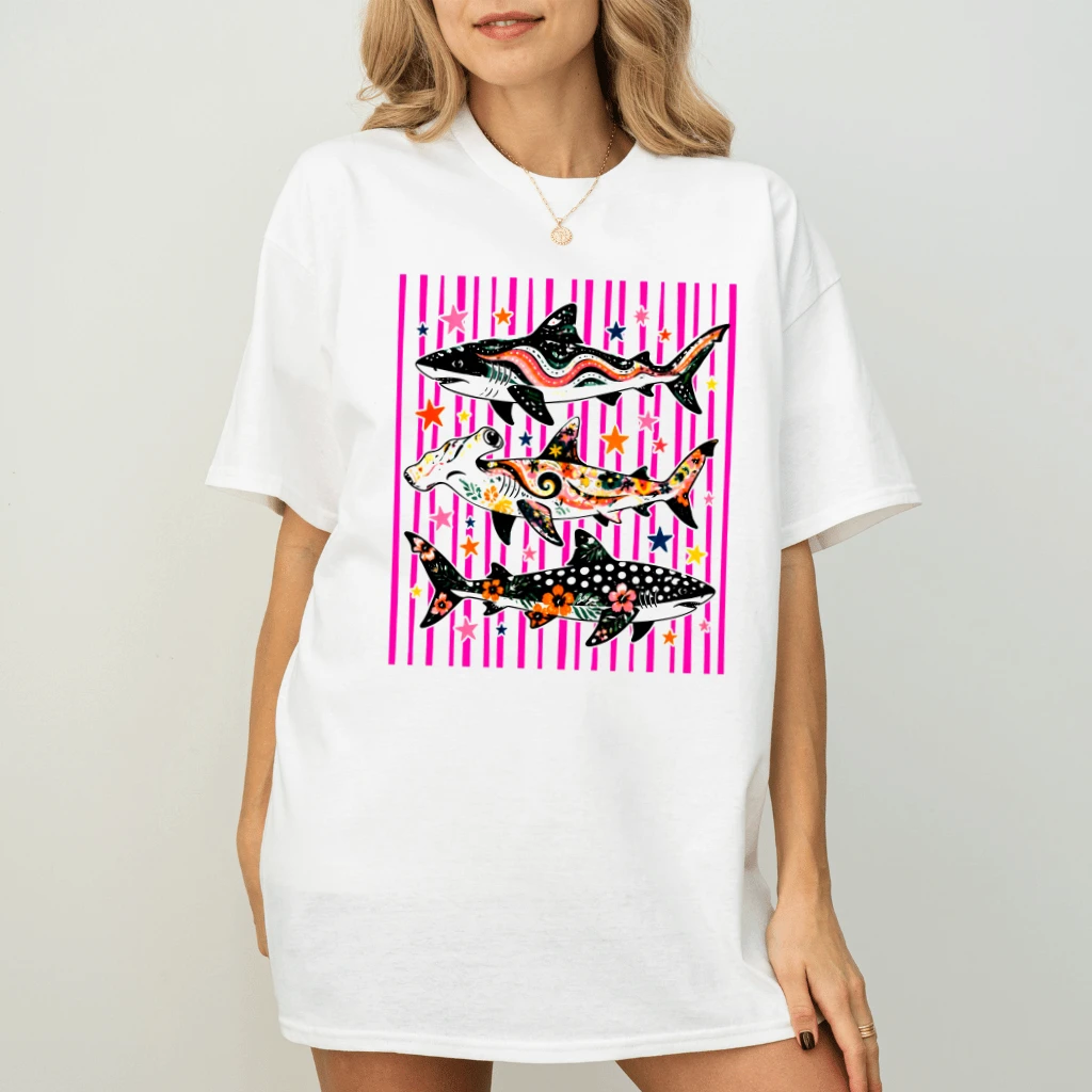 Summer Stripes Summer Beach Shark Week Lover T-shirt| Marine Life Gift for Her - back view