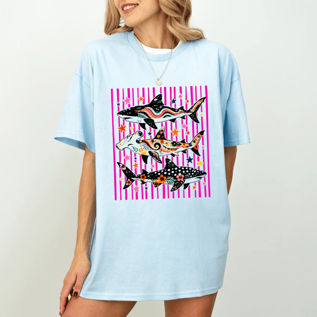 Summer Stripes Summer Beach Shark Week Lover T-shirt| Marine Life Gift for Her - detail view