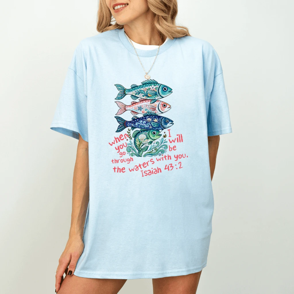 Isaiah 43:2 Scripture Faith Based Beach Christian Fish T-shirt| Christian Gift for Her - detail view