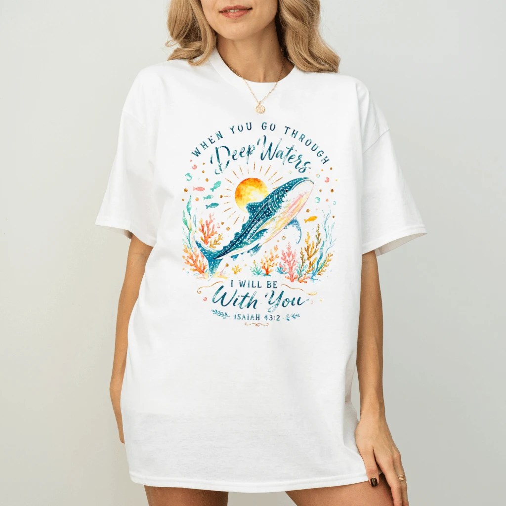 Watercolor Beach Whale Shark T-shirt| Go Through Deep Waters Christian Summer Gift for men women - back view