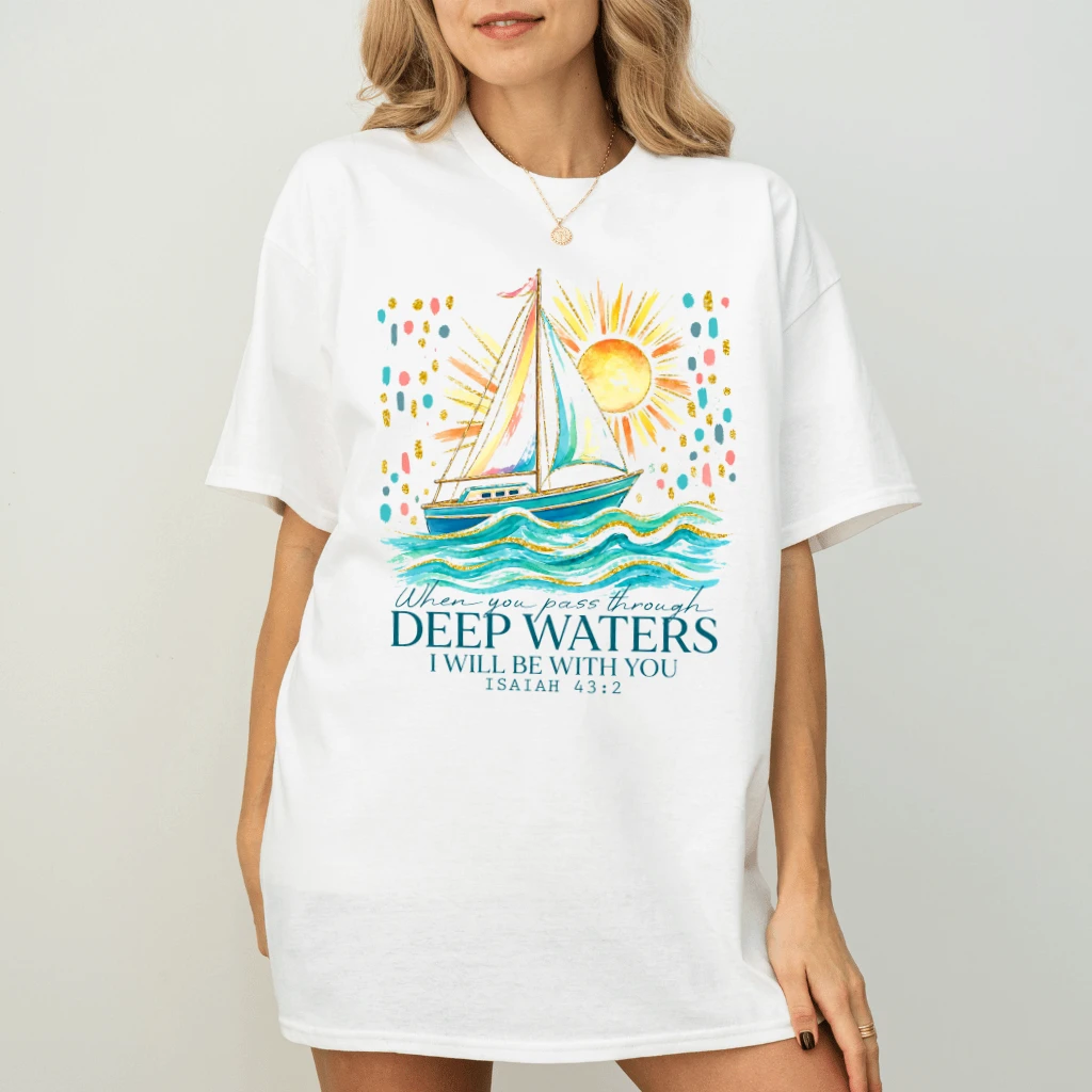 Pass Through Deep Waters Christian Summer T-Shirt| Watercolor Sailboat Coastal Summer Gift for Christians - back view