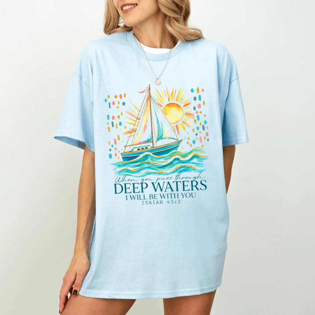Pass Through Deep Waters Christian Summer T-Shirt| Watercolor Sailboat Coastal Summer Gift for Christians - detail view