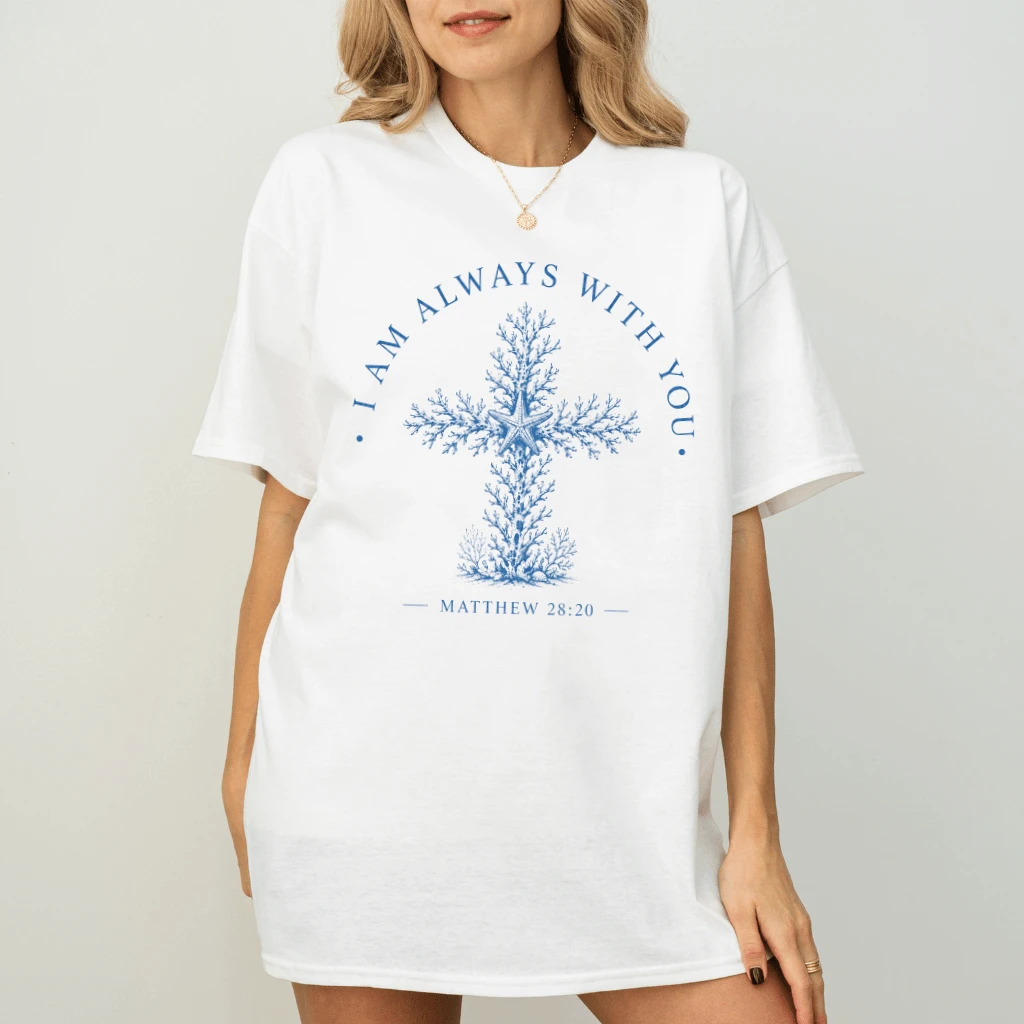 I Always With You Matthew 28:20 Christian T-Shirt| Coral and Starfish Summer Gift for Jesus Lover - back view