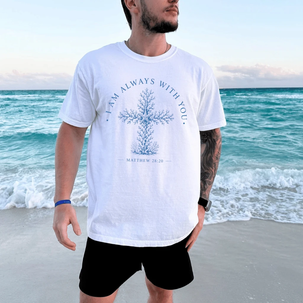 I Always With You Matthew 28:20 Christian T-Shirt| Coral and Starfish Summer Gift for Jesus Lover - detail view
