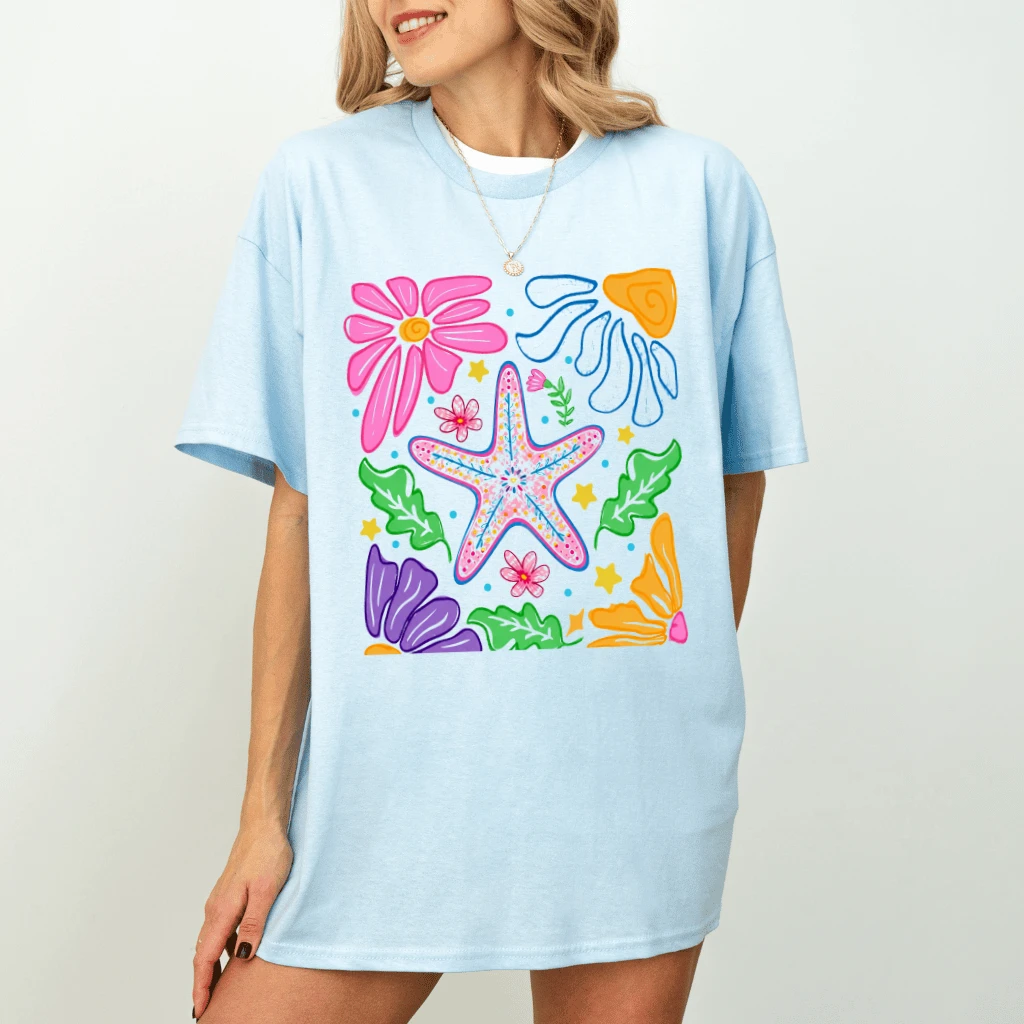 Preppy Boho Starfish T-shirt| Cute Coastal Summer Gift for women - detail view