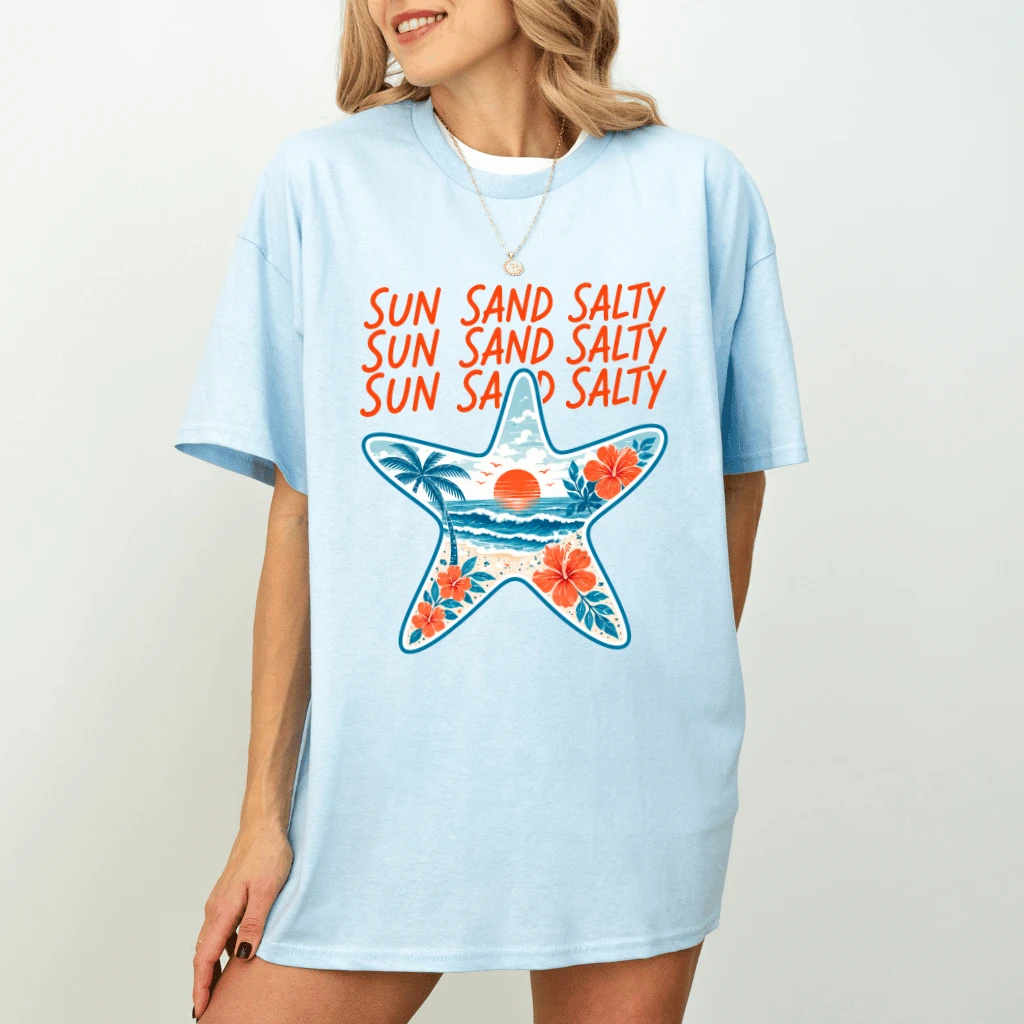 Sun Sand Salty Funny Starfish T-shirt| Coastal Summer Gift for women - detail view