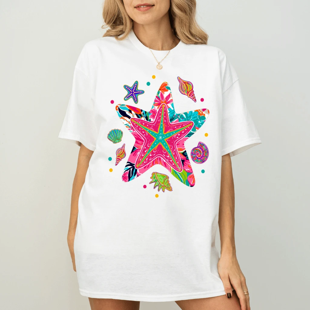 Preppy Coastal Summer Starfish T-shirt for women| Ocean Summer Gift for Starfish Lovers - back view