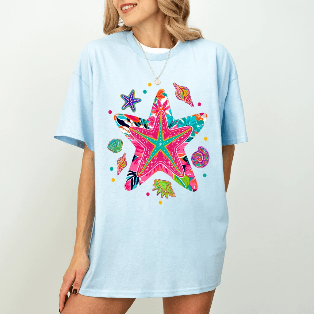 Preppy Coastal Summer Starfish T-shirt for women| Ocean Summer Gift for Starfish Lovers - detail view