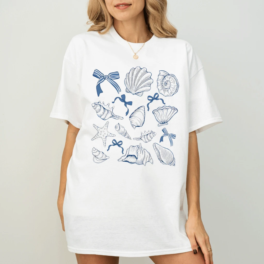Vintage Coquette Coastal Summer Seashells T-shirt| Cute Ocean Animals Summer Gift for Her - back view
