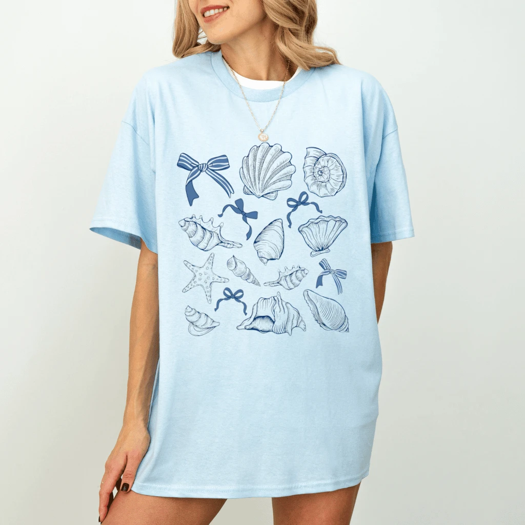 Vintage Coquette Coastal Summer Seashells T-shirt| Cute Ocean Animals Summer Gift for Her - detail view